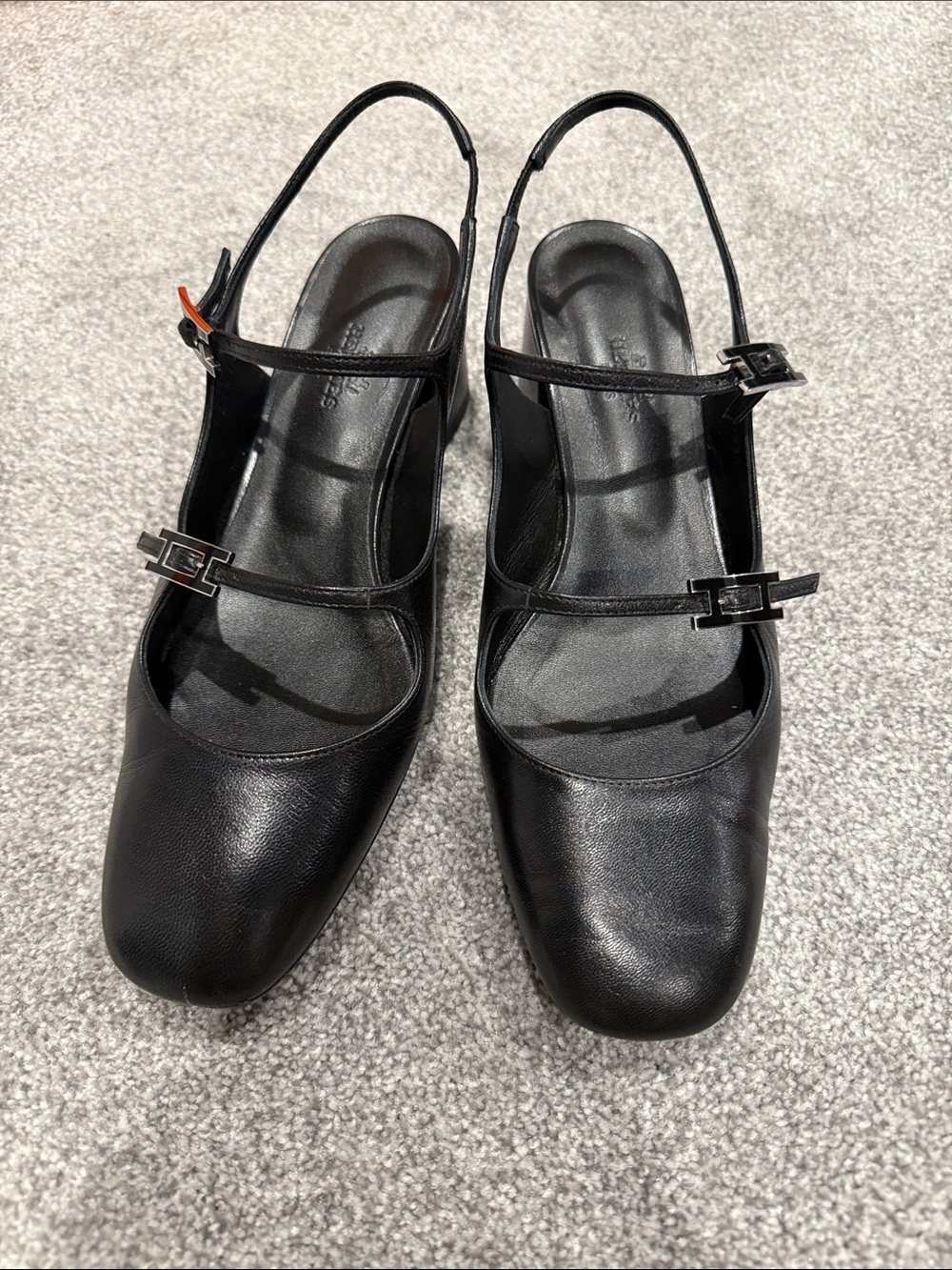 Authentic Hermes Black Leather Slingback Mary Jane Heels